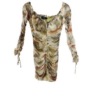 Akira Womens Ruched Tulle Long Sleeve Off The Shoulder Bodycon Mini Dress Large